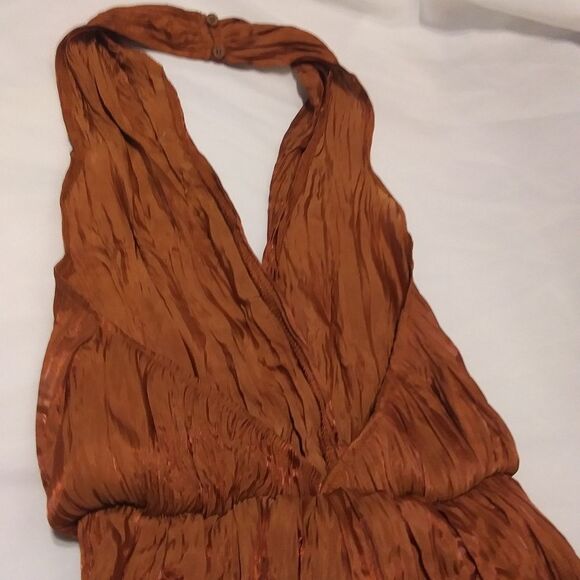 Fashion Nova Jumpsuit Seleste Satin Halter Backless Silky Soft Wide Leg Copper M - Picture 6 of 11